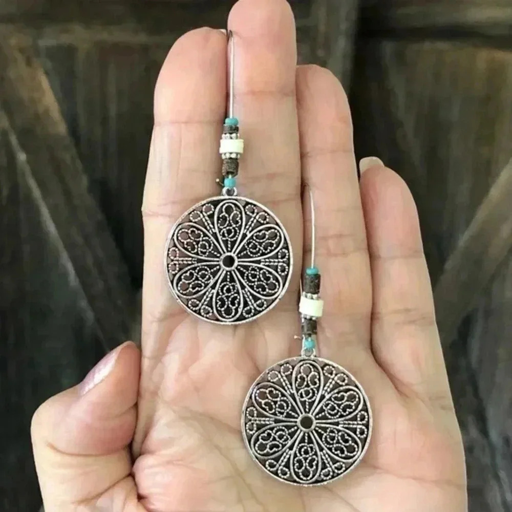Filigree Flower Floral Big Circle Silver Drop Earrings NWT